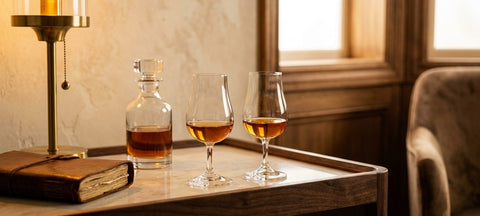 Two tulip whiskey tasting glasses with amber whiskey on a walnut bar cart beside a decanter and a leather notebook in lamp light