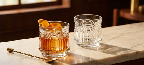 Bicchiere Old Fashioned in cristallo Art Déco con un cubo di ghiaccio grande e scorza d'arancia su un bancone di marmo chiaro