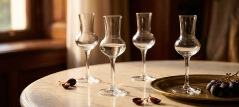 Bicchiere da grappa a tulipano con stelo lungo in cristallo su un tavolo di marmo chiaro