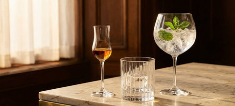 Copita in cristallo con rum invecchiato accanto a un lowball Art Deco con ghiaccio e a un calice grande su marmo chiaro