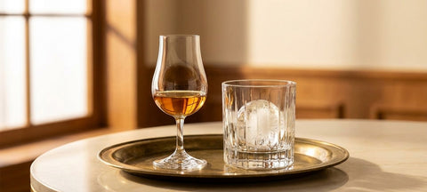 Bicchiere tulipano da whisky in cristallo accanto a un lowball con ghiaccio su un tavolo di marmo chiaro