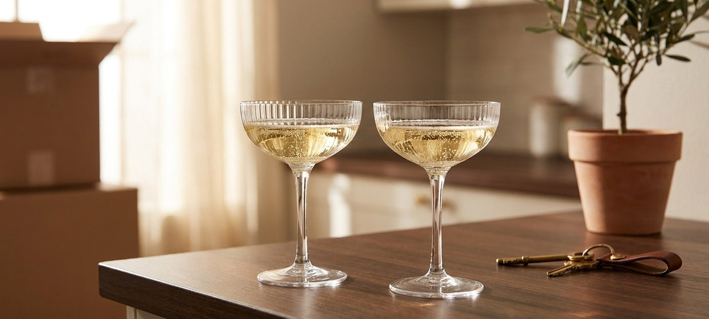 Deux coupes a champagne en cristal cotele sur le plan de travail d'un nouvel appartement, avec un olivier en pot et des cles