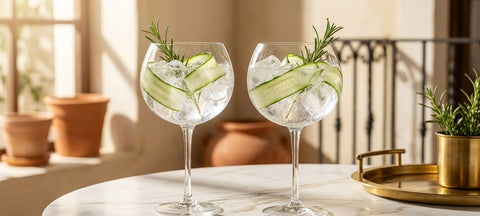 Two copa de balon glasses of gin and tonic with cucumber ribbon and rosemary on a marble table in a sunlit Spanish room