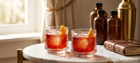 Two Negroni cocktails with orange peel in ribbed Art Deco lowball glasses on a marble side table