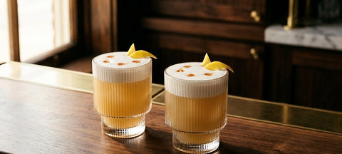 Two whiskey sours with egg-white foam and bitters in ribbed Art Deco lowball glasses on a dark wood bar
