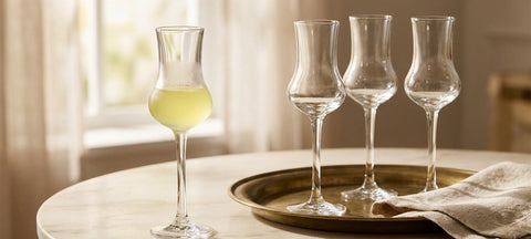Kleine Likörgläser mit Stiel, eines mit eisgekühltem Limoncello gefüllt, auf hellem Marmor neben einem Messingtablett