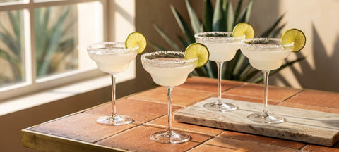Four margaritas with salt rims and lime wheels in crystal margarita glasses on a terracotta-tiled table with an agave plant behind