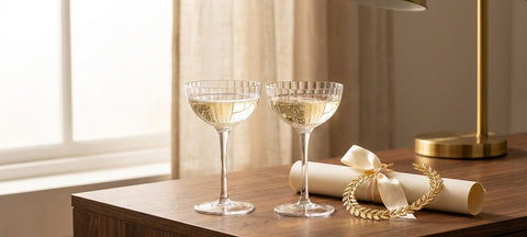 Due coppe da champagne in cristallo rigato con prosecco accanto a una pergamena di laurea e una corona d'alloro su una scrivania in noce