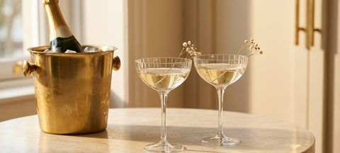 Zwei gerillte Kristall-Sektschalen mit Sekt und Trockenblumen neben einem Sektkuehler aus Messing auf einem Marmortisch