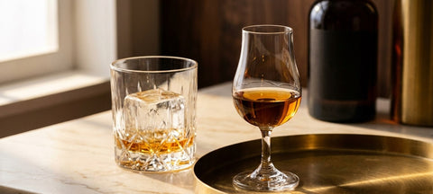 Copa de cata de cristal con whisky junto a un vaso bajo art déco con un cubo de hielo grande sobre mármol crema