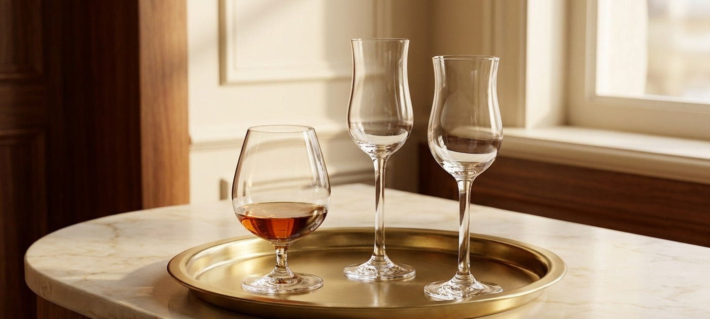 Verres à digestif en cristal, tulipe à cognac, verre à grappa et copita à porto sur un plateau en laiton