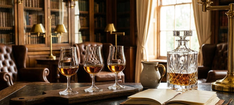 Drei tulpenförmige Whisky-Nosing-Gläser mit Whisky neben einer Karaffe und einem Wasserkrug in einer Bibliothek