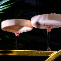 Art Deco Blush Pink Coupe Glasses with Gold Rims Gift Set of 4 – signature gift box closeup with cocktail recipes