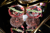 Art Deco Blush Pink Coupe Glasses with Gold Rims Gift Set of 4 – lifestyle hosting shot