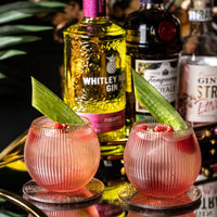 Art Deco Blush Pink Gin and Tonic Glasses with Gold Rims Gift Set of 4 – signature gift box closeup with cocktail recipes