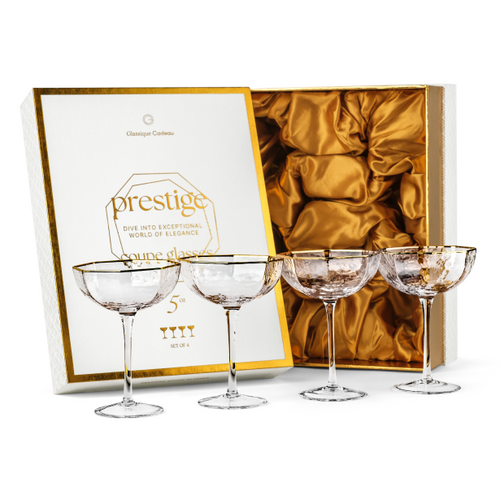 Prestige Octagonal Coupe Cocktail Glasses with Gold Rims Gift Set of 4 – hand-blown crystal