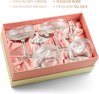 Vintage Art Deco Coupe Glasses Gift Set of 4 – styled flat lay for celebrations