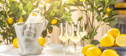 Gefüllte Limoncello-Gläser mit Stiel neben frischen Zitronen und einer Limoncello-Flasche