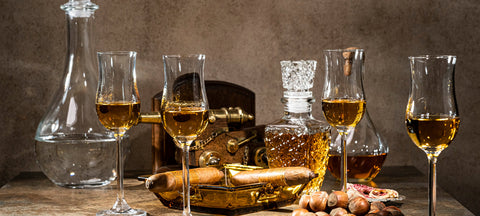 Verres de dégustation tulipe remplis de spiritueux ambré avec une carafe et un cigare sur une table en pierre