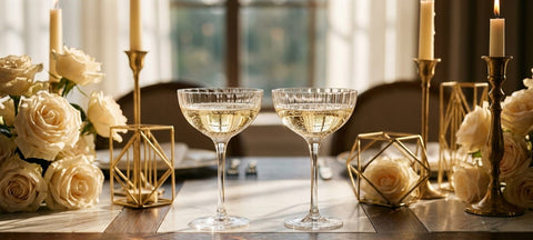 Two ribbed Art Deco coupe glasses of champagne on a wedding table with gold geometric decor, cream roses and brass candlesticks