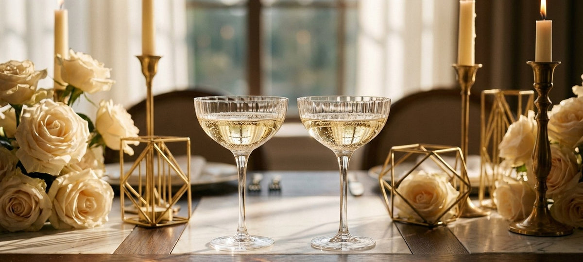 Two ribbed Art Deco coupe glasses of champagne on a wedding table with gold geometric decor, cream roses and brass candlesticks