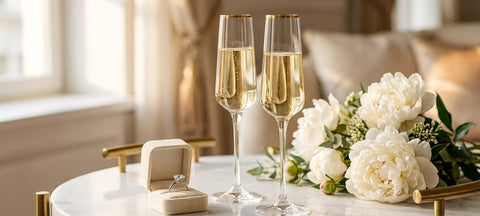 Two gold-rimmed champagne flutes beside an open velvet ring box and white peonies on a marble table