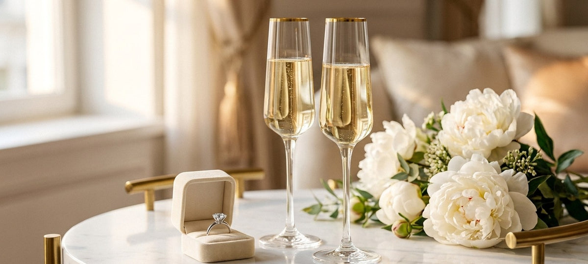 Two gold-rimmed champagne flutes beside an open velvet ring box and white peonies on a marble table