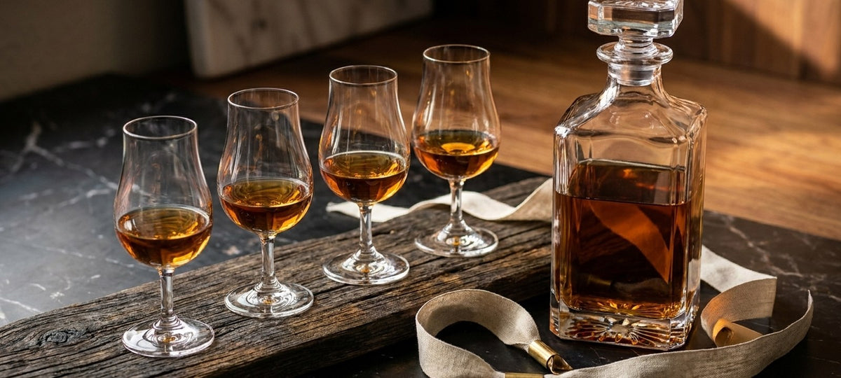 Four tulip-shaped whiskey tasting glasses of bourbon on a driftwood board beside a crystal decanter and a linen ribbon