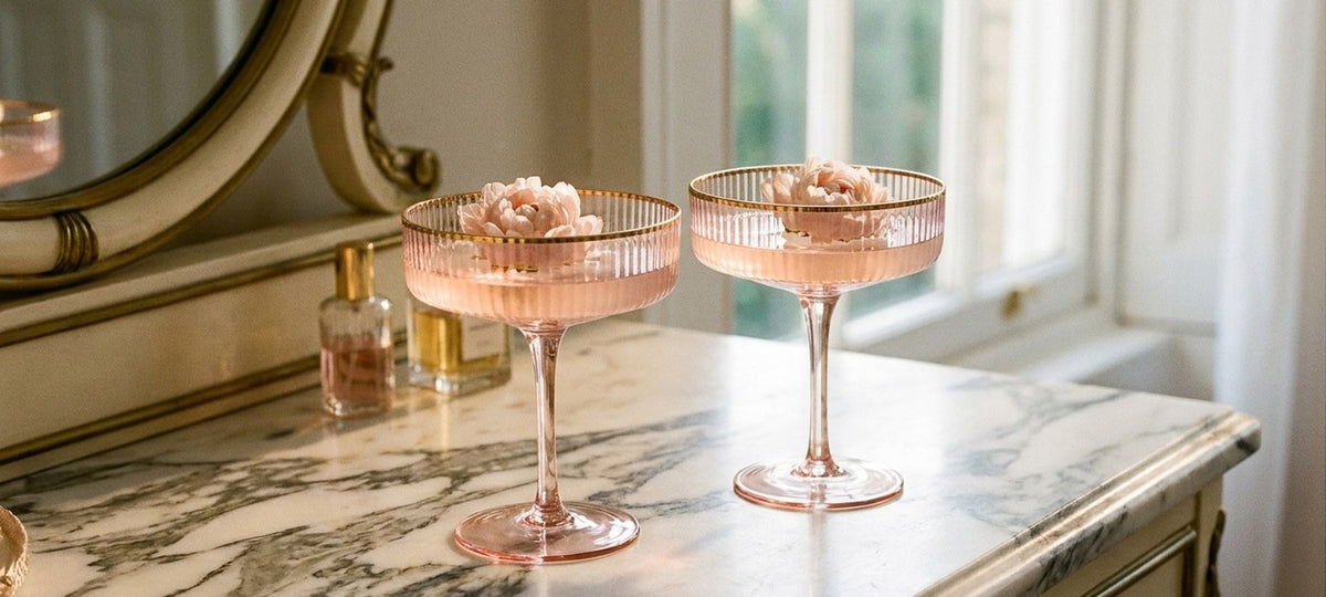 Two blush pink gold-rimmed crystal coupes with a peony on a marble vanity in soft morning light