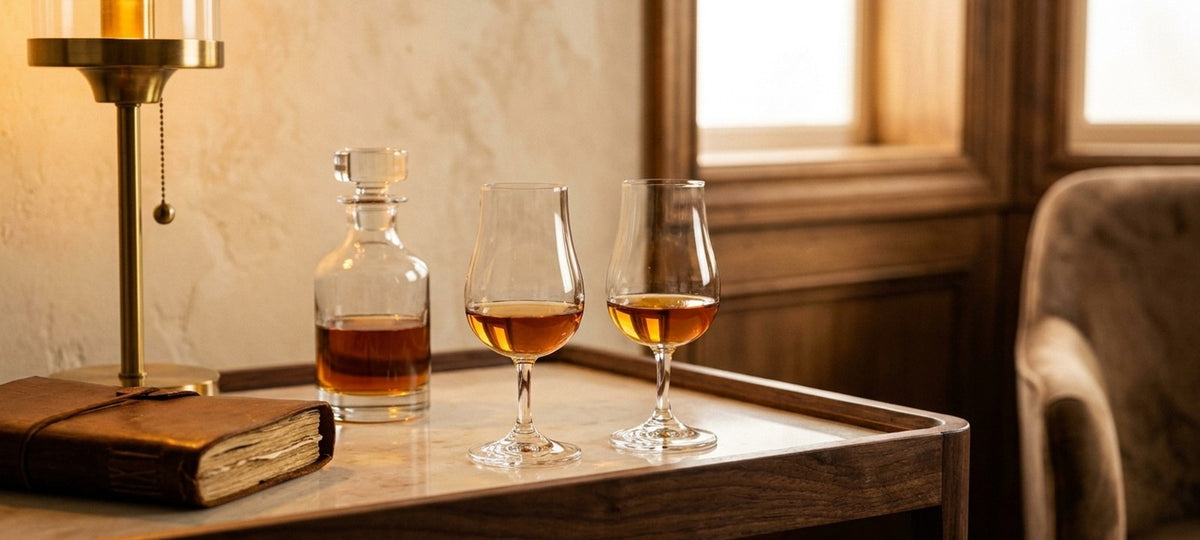 Two tulip whiskey tasting glasses with amber whiskey on a walnut bar cart beside a decanter and a leather notebook in lamp light