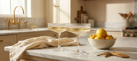Two ribbed crystal coupe glasses of champagne on a marble kitchen counter with a bowl of lemons and house keys