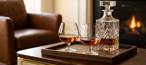 Two crystal brandy snifters of cognac beside a cut-crystal decanter on a walnut tray by a fireplace