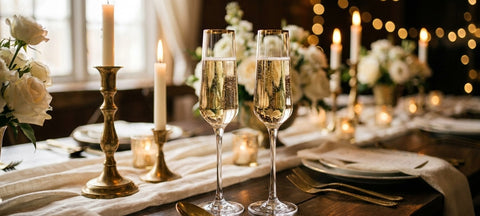 Two gold-rimmed champagne flutes on a candlelit wedding reception table with white roses and brass candlesticks