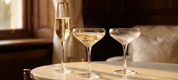 Coppa da champagne in cristallo con Champagne dorato accanto a una coppa Art Deco e a un flute su marmo chiaro