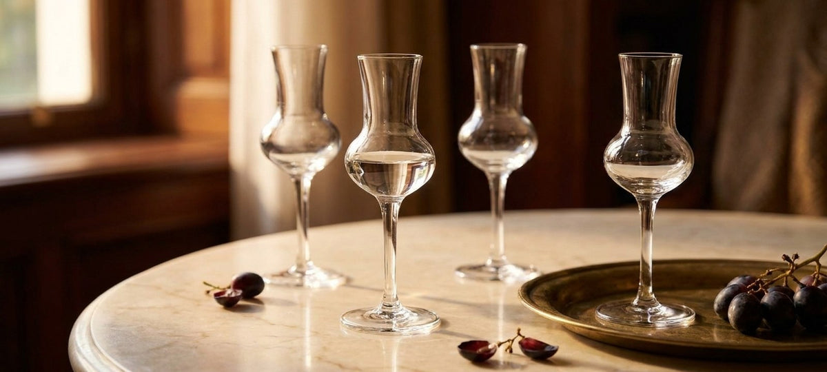 Bicchiere da grappa a tulipano con stelo lungo in cristallo su un tavolo di marmo chiaro