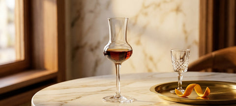 Bicchiere da grappa a stelo lungo in cristallo con una piccola dose di amaro su un tavolo di marmo chiaro