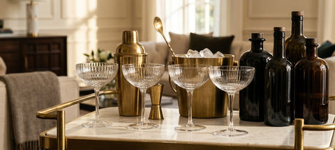 A brass bar cart with ribbed coupes, a cocktail shaker, jigger, ice bucket and dark unlabeled bottles in a living room