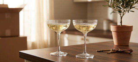 Deux coupes a champagne en cristal cotele sur le plan de travail d'un nouvel appartement, avec un olivier en pot et des cles