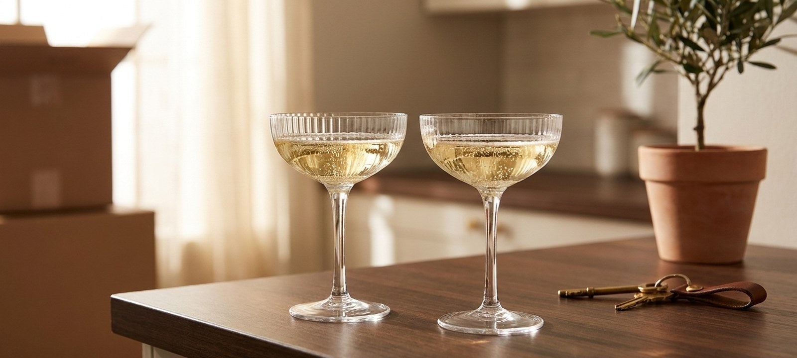 Deux coupes a champagne en cristal cotele sur le plan de travail d'un nouvel appartement, avec un olivier en pot et des cles
