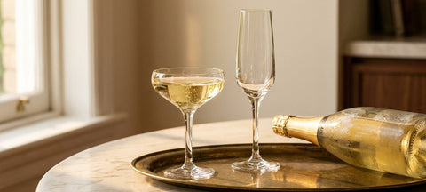 Copa coupe de cristal con cava junto a una flauta sobre mármol crema y bandeja de latón