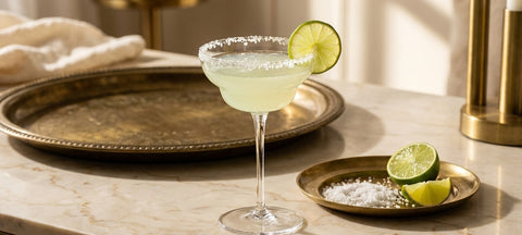 Copa margarita de cristal con borde de sal y rodaja de lima sobre mármol crema junto a un plato de sal gruesa