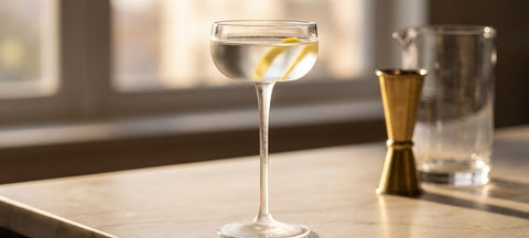 Copa Nick & Nora de cristal con Dry Martini y piel de limón junto a una copa martini en V sobre mármol crema