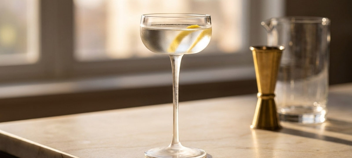 Copa Nick & Nora de cristal con Dry Martini y piel de limón junto a una copa martini en V sobre mármol crema