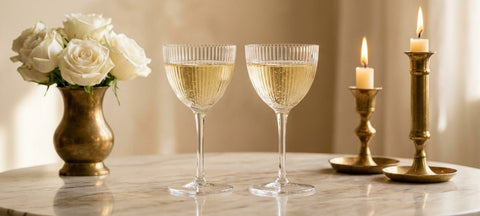 Two ribbed Nick and Nora glasses of champagne beside white roses in a brass vase and lit brass candlesticks on a marble table