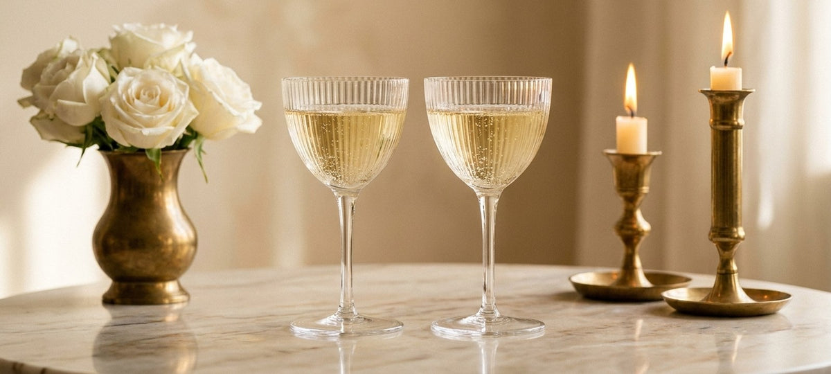 Two ribbed Nick and Nora glasses of champagne beside white roses in a brass vase and lit brass candlesticks on a marble table