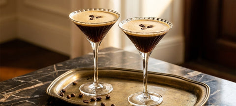 Zwei Espresso Martinis mit Crema und Kaffeebohnen in muschelgerillten Martiniglaesern auf einem Messingtablett auf dunklem Marmor