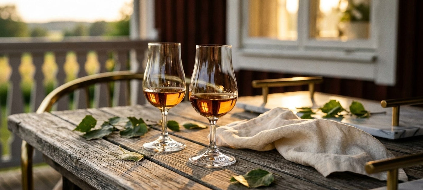 Två tulpanformade whiskyglas med whisky på ett väderbitet träbord på en veranda i kvällsljus