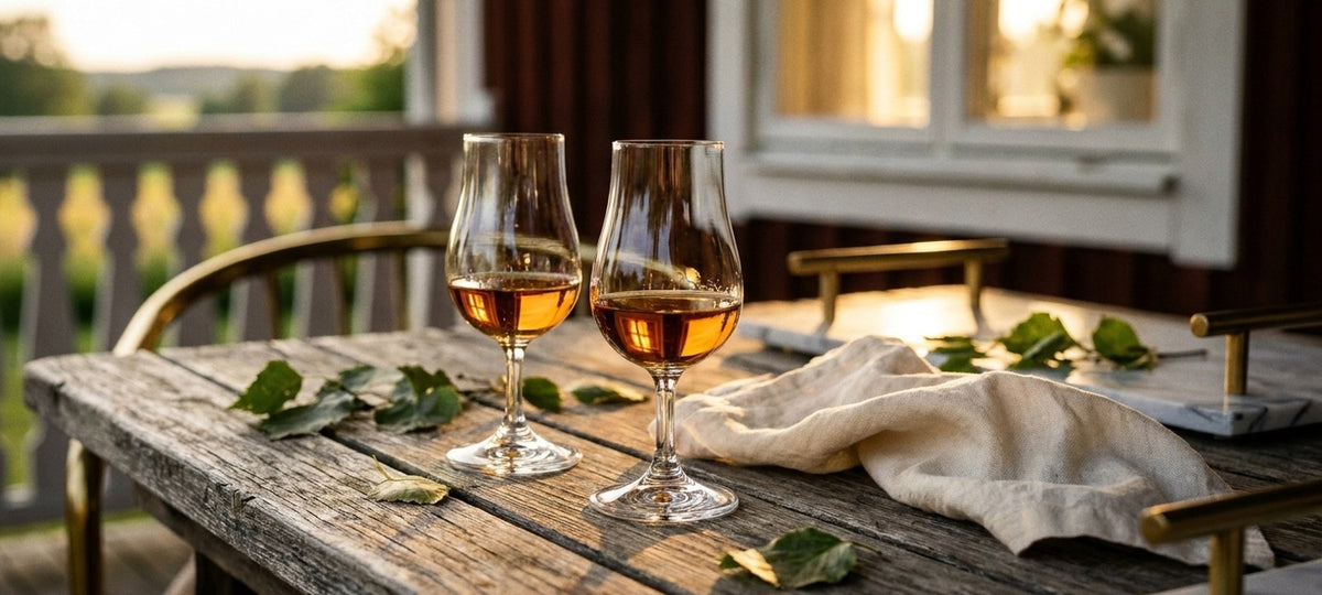 Två tulpanformade whiskyglas med whisky på ett väderbitet träbord på en veranda i kvällsljus