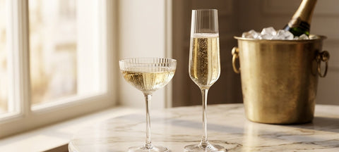 Une coupe a champagne cotelee et une flute a champagne cote a cote sur une table en marbre, seau a champagne en laiton derriere