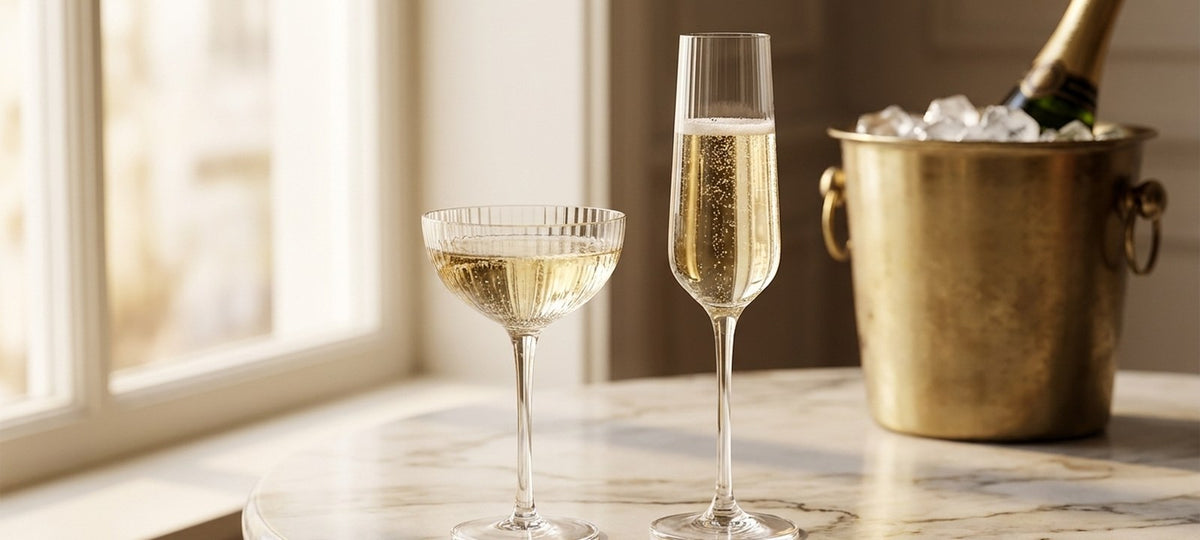 Une coupe a champagne cotelee et une flute a champagne cote a cote sur une table en marbre, seau a champagne en laiton derriere